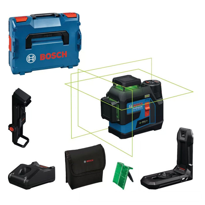 Laser lignes BOSCH GLL 12V-100-33 CG + pince DK 20 + Batterie GBA 12V 2.0Ah en L-Boxx