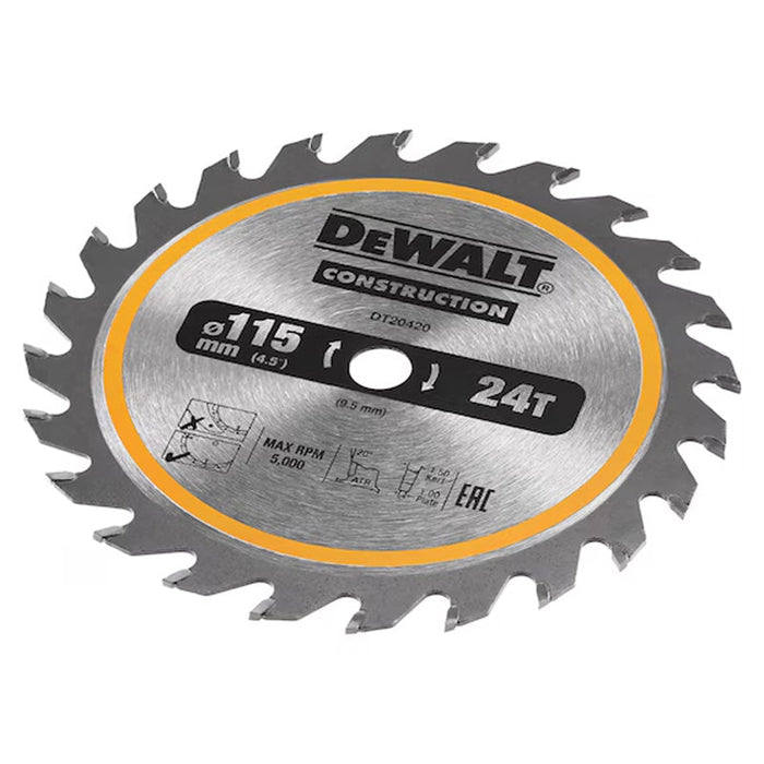 Lame de scie circulaire sans fil DEWALT DT20420-QZ Carbure Construction Ø115x9,5mm, 24 dents
