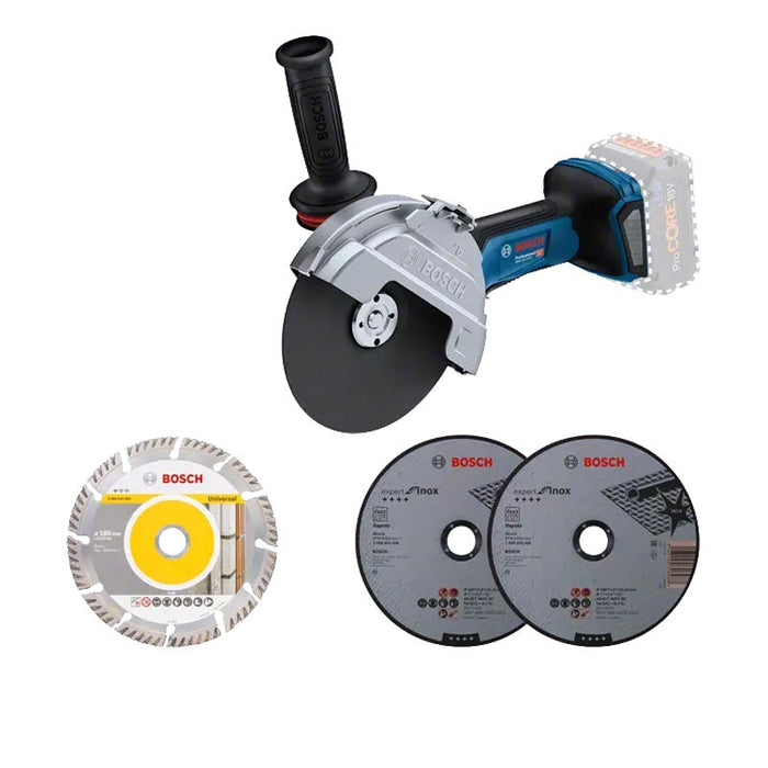 Meuleuse 180mm 18V Biturbo BOSCH GWS 18V-180 P solo L-Boxx + 1 disque diamant et 2 disques inox