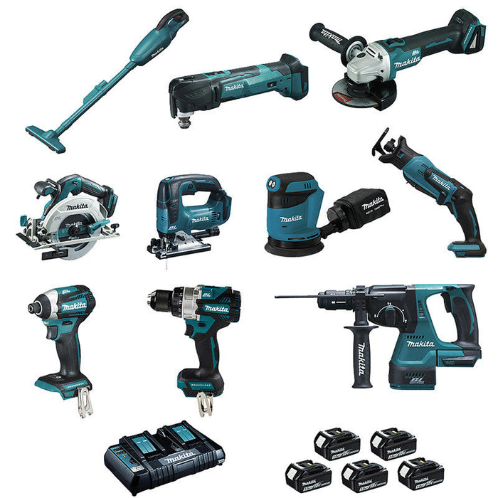 Pack 10 outils MAKITA LOT0309 18V 5 x 5.0 Ah (DCL180 - DHP486 - DTD154 - DGA506 - DHS680 - DHR243 - DTM51 - DJR183 - DJV182 -DBO180)